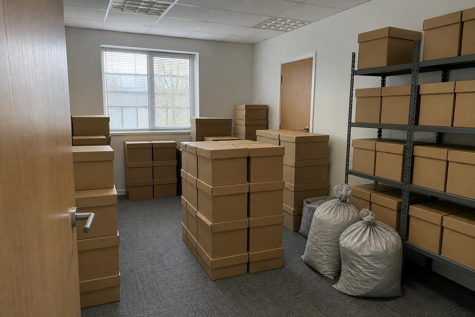 Illustrative archive room before and after confidential document collection — before